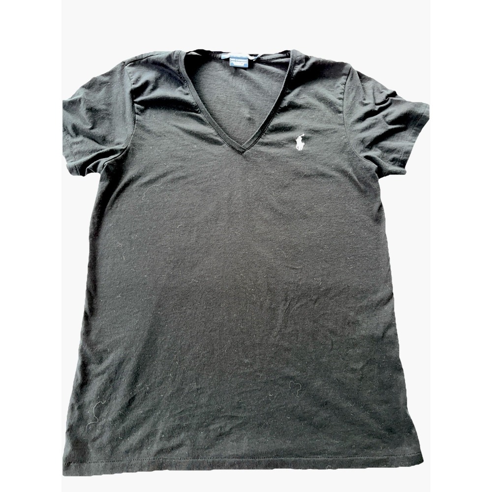 Ralph Lauren Sport Womens Black Pima Cotton V-Neck Short Sleeve T-Shirt Size L - Picture 1 of 6